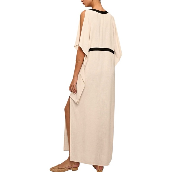Commense Linen Blend Contrast Trim Maxi Dress Slit Off White Cream Medium NWT - Picture 3 of 14
